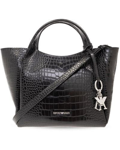 Emporio Armani Shopper Bag With Mock-croc Finish And Logo Charm - Black
