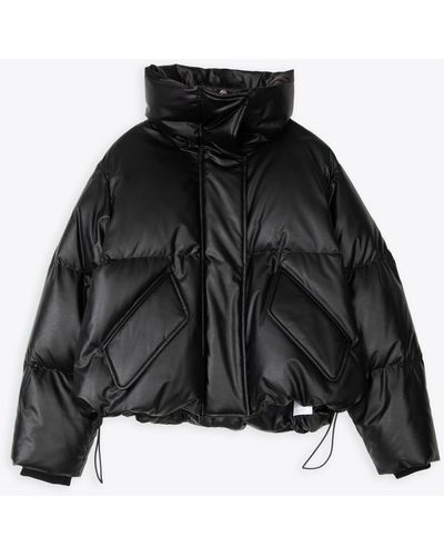 MM6 by Maison Martin Margiela Kaban Black Syntethic Leather Cropped Puffer Jacket.