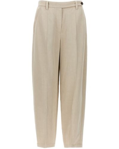Brunello Cucinelli Curved Viscose And Linen Pants - Natural