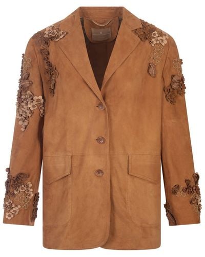 Ermanno Scervino Suede One-Breasted Jacket With Embroidery And Appliqués - Brown