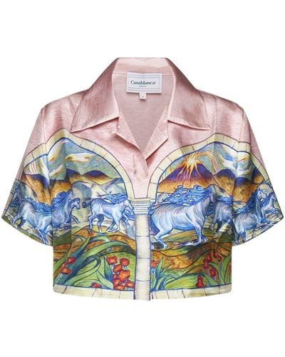 Casablancabrand Chevaux Sauvages Print Silk Crop Shirt - Multicolor