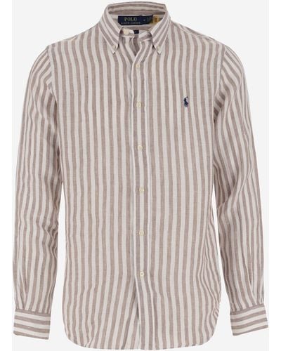 Polo Ralph Lauren Linen Shirt With Striped Pattern And Logo - Natural