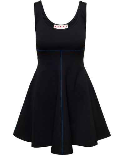 Marni Mini Black Flared Dress With Contrasting Stitching In Stretch Fabbric