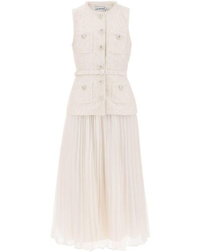 Self-Portrait Midi Peplum Dress With Pleated Skirt - White