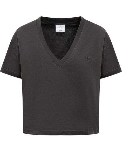 Courreges V-Neck Cropped T-Shirt - Black