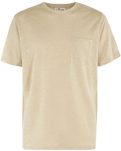 Mc2 Saint Barth Linen T Shirt With Front Pocket - Natural