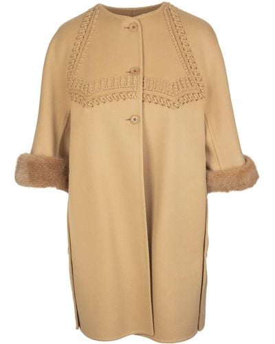 Ermanno Scervino Woman Camel Virgin Wool Coat With Mink Fur - Natural