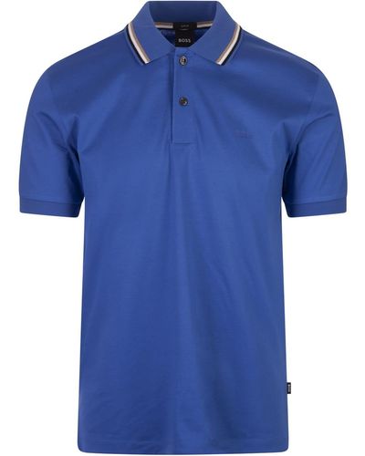BOSS Royal Slim Fit Polo Shirt With Striped Collar - Blue