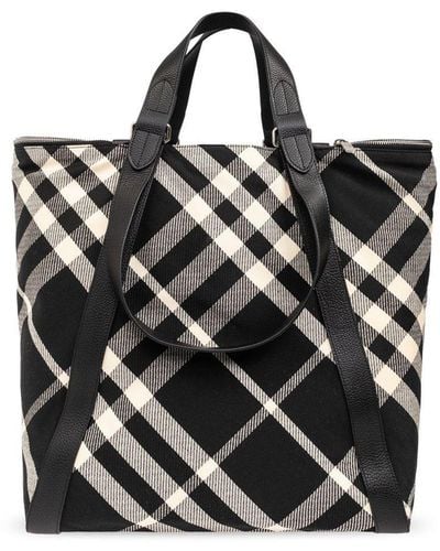 Burberry Shopper Bag With Check Pattern - Black