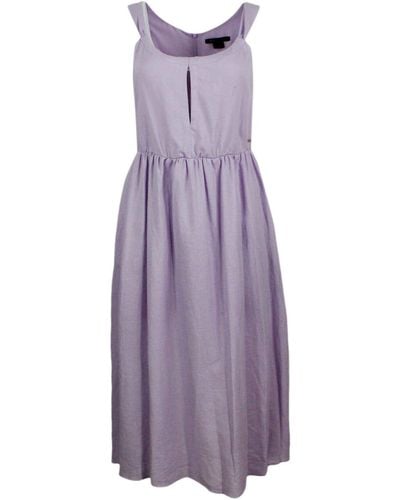 Armani Sleeveless Dress Made Of Linen Blend With Elastic Gathering - Purple