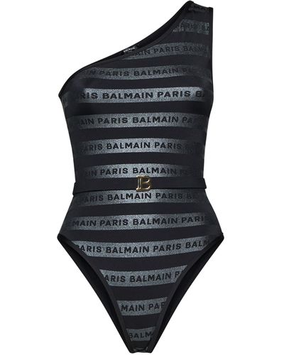 Balmain Logo-tape Stripe One-shoulder Swimsuit - Black