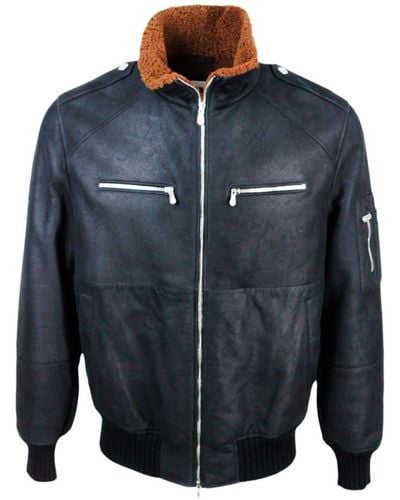 Brunello Cucinelli Suede Shearling Bomber Jacket With Zip Closure And Knitted Cuffs And Bottom - Blue