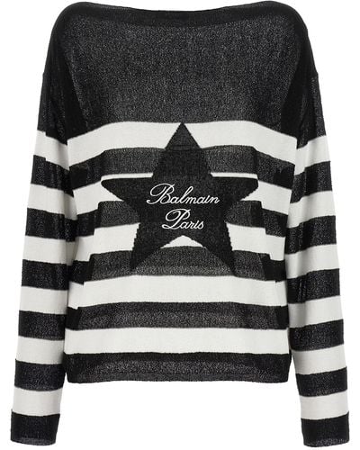Balmain Logo Embroidery Striped Sweater - Gray