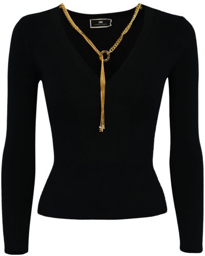Elisabetta Franchi Ribbed Top With Necklace - Black