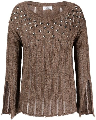 Aviu Boat Neck Sweater With Studs - Brown