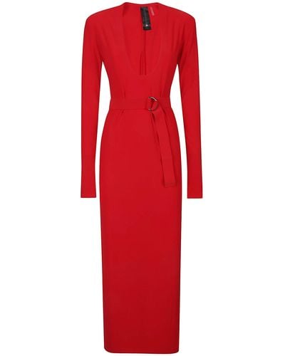 Norma Kamali Long Sleeve U Neck Side Slit Dress - Red
