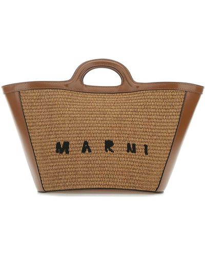 Marni Two-Tone Leather And Raffia Small Tropicalia Summer Handbag - Brown