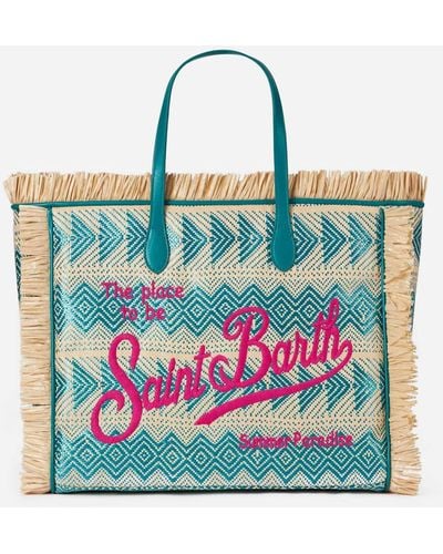 Mc2 Saint Barth Vanity Straw Bag With Embroidery And Geometric Pattern - Blue