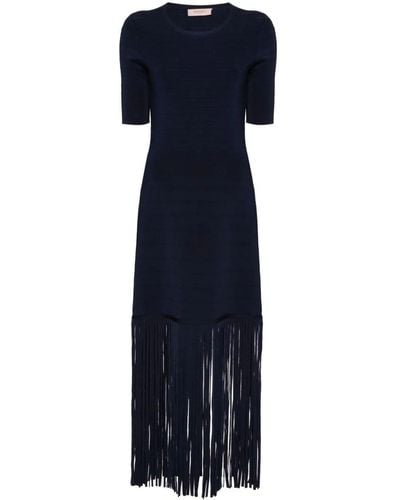 Twin Set Short Sleeves Long Dress With Fringes - Blue