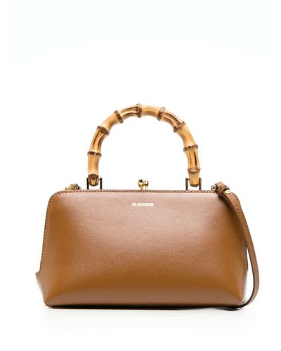 Jil Sander Mini Goji Tote Bag With Bamboo Handles In Leather - Brown