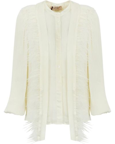 Twin Set Satin Shirt With Feathers - White