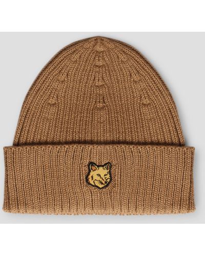 Maison Kitsuné Bold Fox Head Patch Ribbed Beanie - Brown