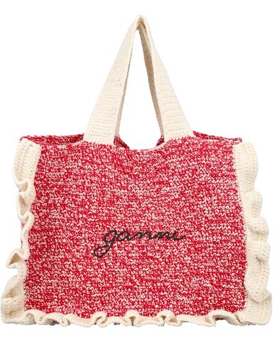 Ganni Crochet Frill Tote Solid Bag - Red