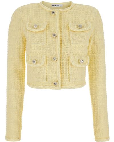 Self-Portrait Crop Cardigan With Jewel Buttons - Yellow