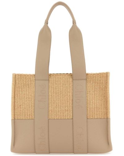 Chloé Bicolor Raffia And Leather Medium Woody Shopping Bag - Natural