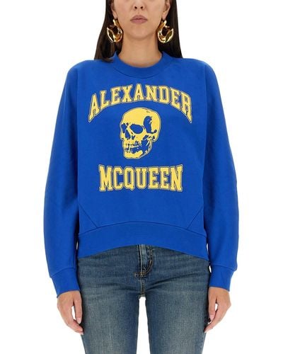 Alexander McQueen Varsity Skull Logo Sweatshirt, Long Sleeves, , 100% Cotton - Blue