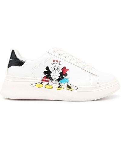 MOA Moa Womans Leather Sneakers With Mickey Mouse Kiss Print - White