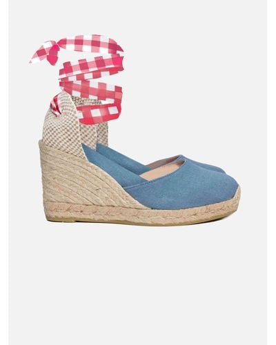 Mc2 Saint Barth Blu Print Canvas Espadrillas With Hight Wedge And Ankle Lace - Blue
