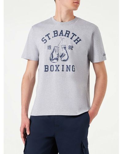 Mc2 Saint Barth Cotton T-Shirt With St. Barth Boxing Print - Gray
