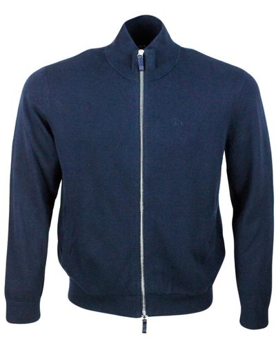 Armani Full Zip Cardigan Jumper With Side Pockets In 100% Warm Cotton - Blue