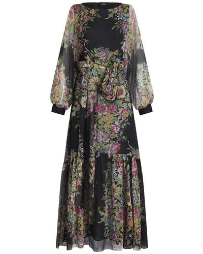 Etro Long Dress With Bouquet Print - Black