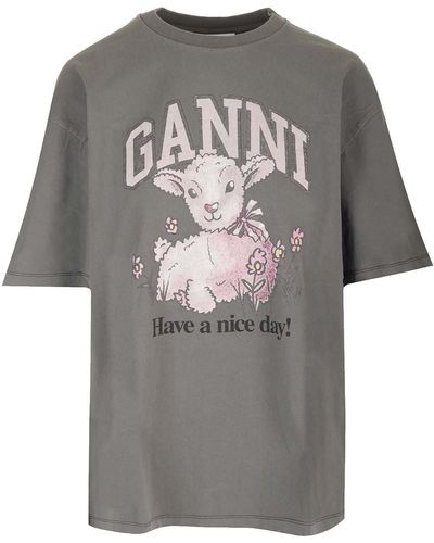 Ganni Graphic-print Organic-cotton Blend T-shirt - Gray