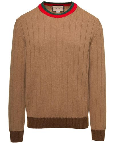Gucci Camel Brown Rib Knit Sweater With Web In Wool