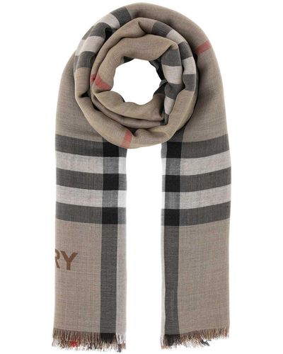 Burberry Frayed Edge Checked Scarf - Grey