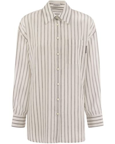 Brunello Cucinelli Cotton-Silk Organza Stripe Shirt With Shiny Tab - White