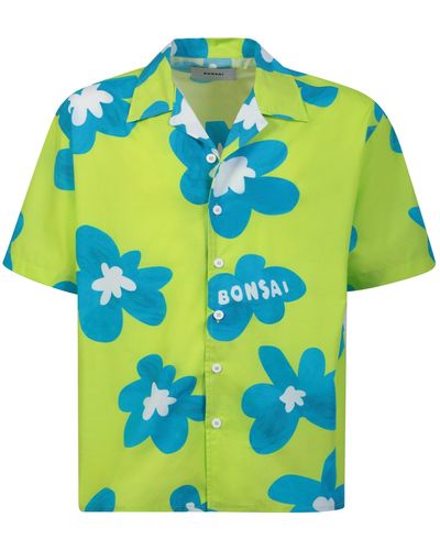 Bonsai Floral Print Lime/ Bowling Shirt - Blue