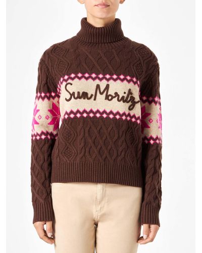 Mc2 Saint Barth Half-Turtleneck Sweater With Sun Moritz Lettering - Red