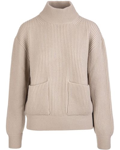 Fedeli Woman Turtleneck Jumper In Beige Ribbed Cashmere With Pockets - Natural