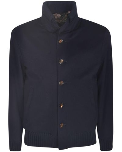 KIRED High-Neck Rib Trim Buttoned Jacket - Blue