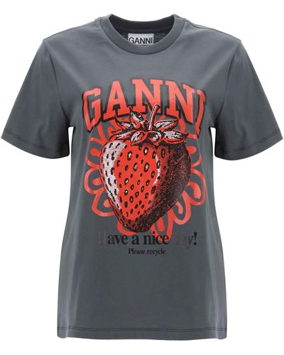 Ganni T Shirt With Graphic Print - Gray