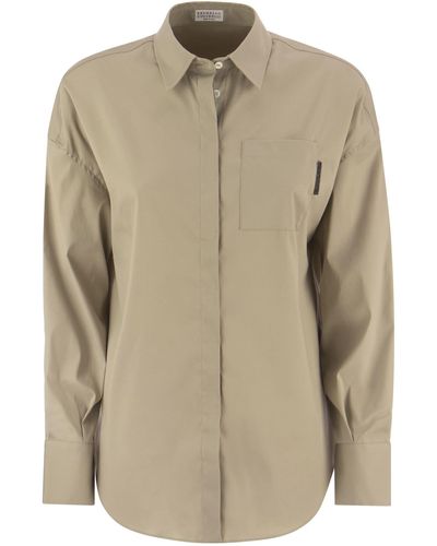 Brunello Cucinelli Stretch Cotton Poplin Shirt With Shiny Tab - Natural