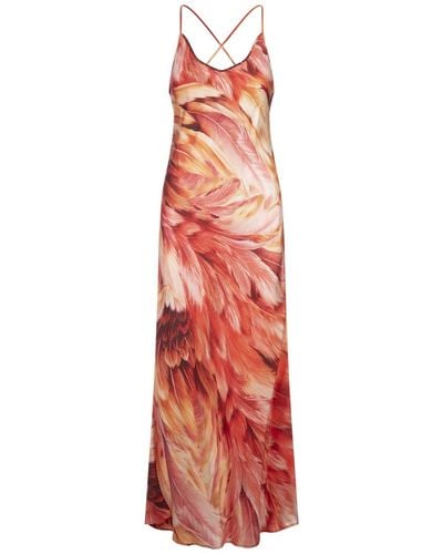 Roberto Cavalli Long Dress With Straps And Plumage Print In Orange - White