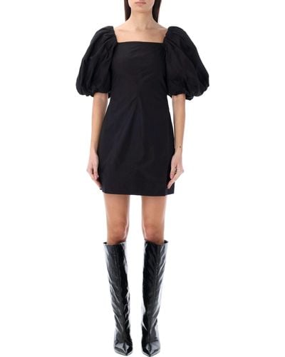 Ganni Poplin Puff Sleeves Mini Dress - Black