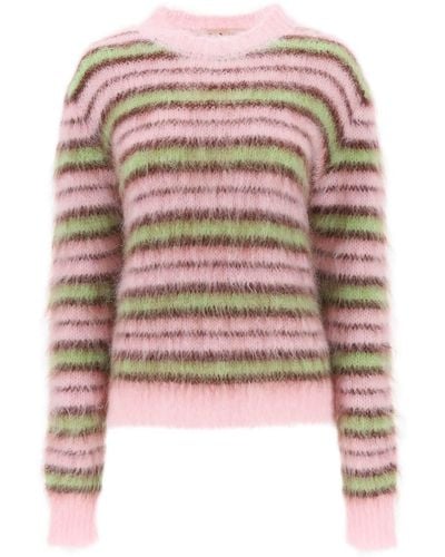 Marni Sweater In Brushed Mohair With Striped Motif - Pink