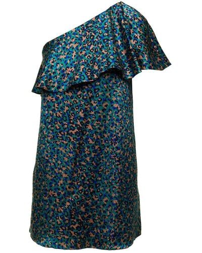 Saint Laurent One-Shoulder Ruffled Mini Dress - Blue