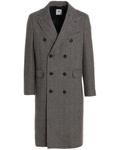 PT01 Herringbone Tweed Long Coat - Gray